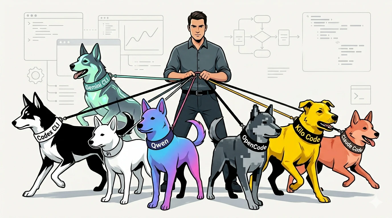 An engineer-orchestrator coordinates a team of AI agents pulling the process in different directions